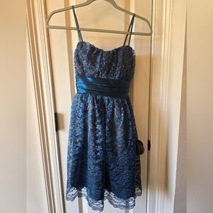 Trixxi Blue Satin and Lace Fit and Flare Cocktail Dress
